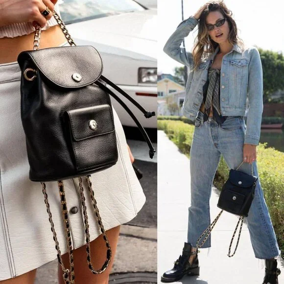 Dylan Kain Romy Backpack Black Leather‎ Gold Chain - Picture 2 of 12